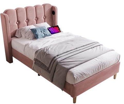 SogesPower Polsterbett mit USB C Ladefunktion und Lattenrost 90x200 cm Rosa Samtbezug Gepolstertes Jugendbett für Schlafzimmer Gästezimmer Einfacher Aufbau