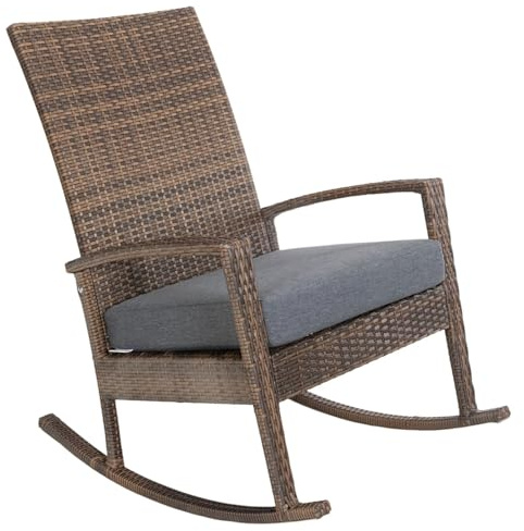 Ogarden Rocking Chair, Garten schaukelstuhl wetterfest, Poly Rattan Outdoor Schaukelstuhl, Schaukelsessel mit Kissen, für Garten, Terrasse, Balkon, Relaxsessel Gartenstuhl (Braun - Graues Kissen)