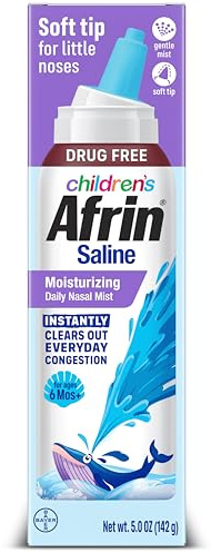 Afrin Moisturizing Children’s Saline Mist for Everyday Nasal Congestion and Dry Nose, Isotonic Seawater Saline Spray for Babies 6+ Months, Drug Free Baby Congestion Relief with Soft Tip Nozzle, 5 oz