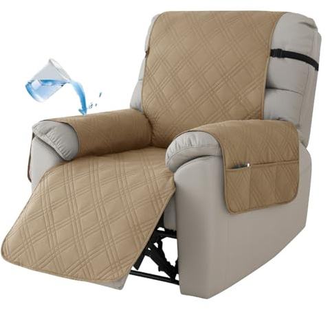 Armchair Covers,Recliner Sofa Covers,Recliner Chair Cover with 6 Side Pockets,1 Seat Waterproof Sofa Cover with Elastic Straps,Settee Covers Slipcover for Kids,Pet dog,Furniture Protector (Khaki)