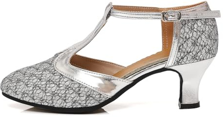GYUBL Chaussures de Danse à Paillettes pour Femmes Salsa Tango Ballroom Talons à Bas Talons, Argent-5.5, 38 EU