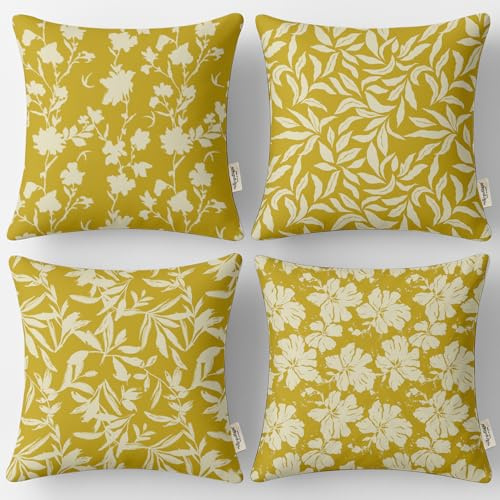 Vargottam Set di 4 federe in cotone, 18 x 18 cm, con chiusura lampo nascosta, imbottitura non inclusa, stampa foglie, colore giallo