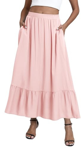 EXCHIC Damer casual boho flödande elastisk midja A-linje maxikjol volanger swing strand långa kjolar med fickor, Ljusrosa, S