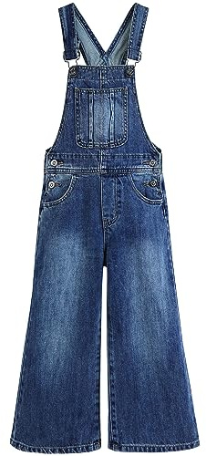 KIDSCOOL SPACE Monos de mezclilla ajustados para niñas, pantalones de peto de mezclilla de pierna ancha para niños pequeños y grandes, azul medio, 13-14 años