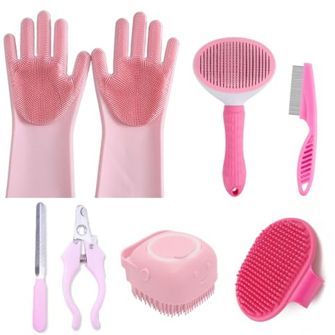 8PCS Dog Bath Supplies Set，Dog Washing Gloves，Shampoo Brush, Shedding Slicker Brush，Complete Pet Grooming Kit for Dog&Cat and Small Animal Grooming(8PCS-Bath-Pink)