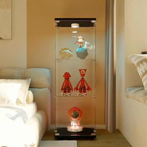 BestAlice Glasvitrine Standvitrine, Schrank für Sammlung mit LED und Schloss, Vorratsschrank mit 1 Tür 3 Einlegeböden,Transparent Möbel Vitrine, Vitrinenschrank für Wohnzimmer Bar,Schwarz
