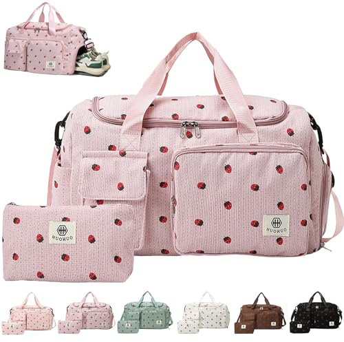 AUNGKWANG Bolsa de Deporte para Mujer, Pana Fresa Sporttasche con Compartimento para Zapatos, Compartimento y Billetera Pequeña para Mojados, Bolsa de Viaje für Viajar, Fitness, Deporte, 48x22x27 cm