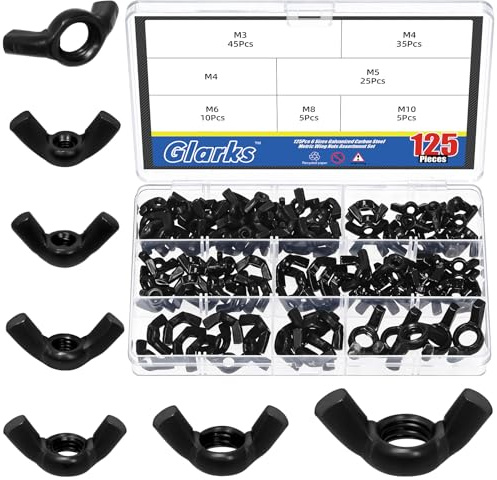 Glarks 125pcs M3 / M4 / M5 / M6 / M8 / M10 Schwarzer Zink Flügelmuttern Sortiment-Kit, Kohlenstoffstahl Schmetterlingsmuttern, Hand-Drehung Straffen Hardware-Mutter, Flügelmuttern Befestigungen Teile