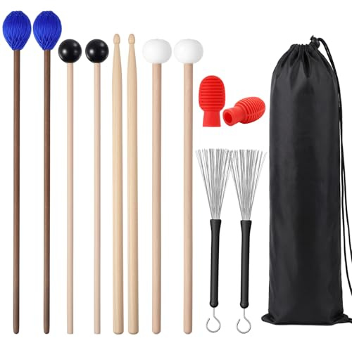 Drum Mallets Percussion Kit with 4 Pairs Drumsticks (felt Timpani, Rubber, Marimba, 5A) 2 Pcs Drumstick Dampeners 2 Pcs Brushes 1 Bag Percussion Instrument Accessories for Xylophone Timpani Bass Drum