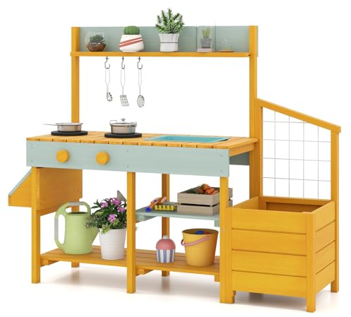 COSTWAY Mud Kitchen, Wooden Kids Play Kitchen with Removable Sink, Stoves, Planter Boxes, Trellis & Cooking Accessories, Outdoor Pretend Kitchen Playset for Boys Girls Ages 3-8 (Yellow + Light Green)