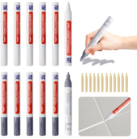 12 lápices para juntas gris y blanco, lápiz blanco para juntas con 12 puntas de repuesto, rotulador para juntas de azulejos, reparación de lechadas, lápiz de reparación de lechadas, color blanco para