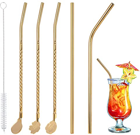 Cuchara Pajita Reutilizable de Acero Inoxidable, Lavable con Cepillo de Limpieza, Pajitas Metálicas para Café, Batidos y Cócteles