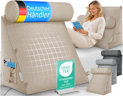 ELONEO Rückenkissen 50 cm breit mit Verstellbarer und Abnehmbarer Nackenrolle, Keilkissen für Bett und Sofa geeignet, dreieckiges Lesekissen, Kissen mit waschbarem Bezug, praktisches Seitenfach