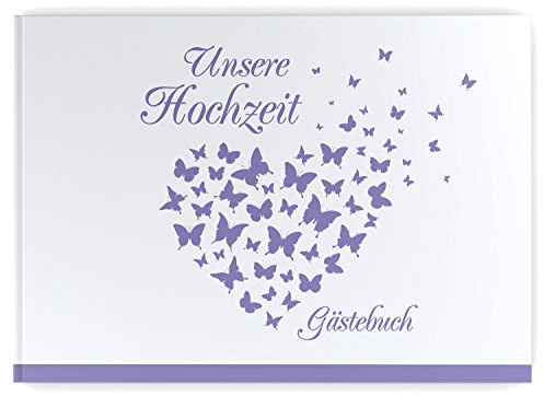 DeinWeddingshop Gästebuch Hochzeit Schmetterling - Hardcover, mit Fragen, A4 Quer, Butterfly Heart (Flieder/lila)