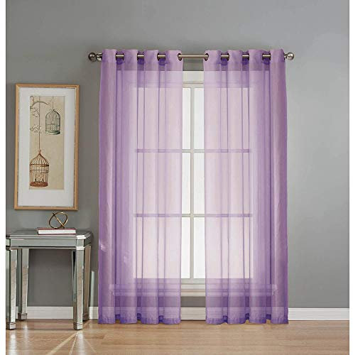 Megachest - 2 pannelli di tende in voile con occhielli in metallo nella parte superiore e fermatenda (28 colori) (lilla, 142 x 122 cm (larghezza x lunghezza))