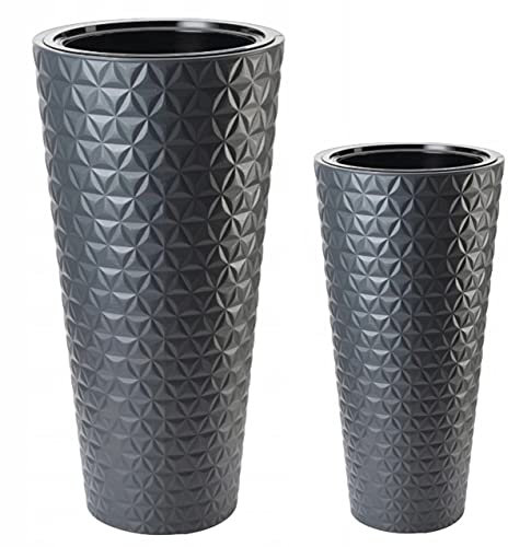 Bac à fleurs rond et fin effet 3D avec insert amovible - Lot de 2 : XL + XXL - Anthracite