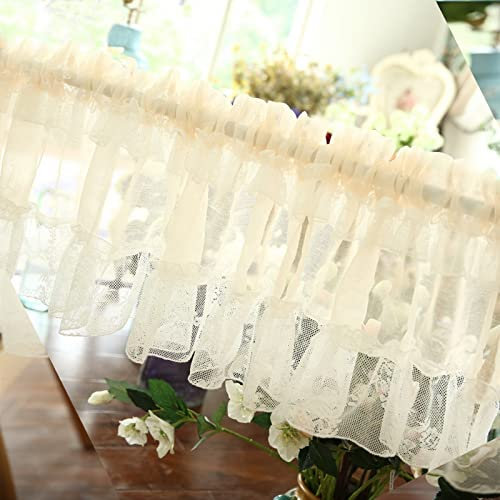 A.Monamour Gardine Scheibengardinen Kurzstores Beige Transparenter Voile Spitze Tüll Bestickt Mit Rüschen Kurzvorhang Kurzgardinen Küchengardine Volants Küche Fenster Kurz Vorhang Bistrogardine