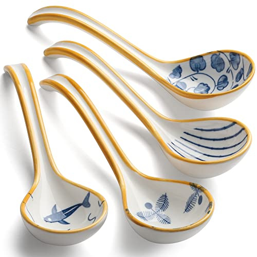 Ceramic Soup Spoons Set of 4 Porcelain Japanese Soup Spoon Asian Soup Spoon | for Gravy, Soup Noodles, Wontons, Cream