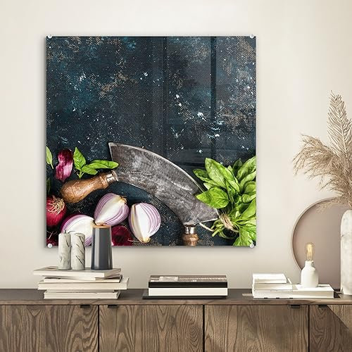 MuchoWow Glasbild Glasfoto Wandbild Bilder Deko 50x50 cm Gemüse - Kräuter - Wiegemesser - Zwiebel - Gewürze - Rustikal