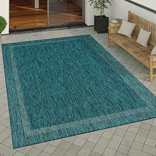 Paco Home Outdoor Teppich wetterfest & pflegeleicht Flachgewebe in Sisal-Optik mit Bordüre UV-beständig Modern für Balkon, Terrasse, Garten, Wohnzimmer, Grösse:150 cm Quadrat, Farbe:Türkis