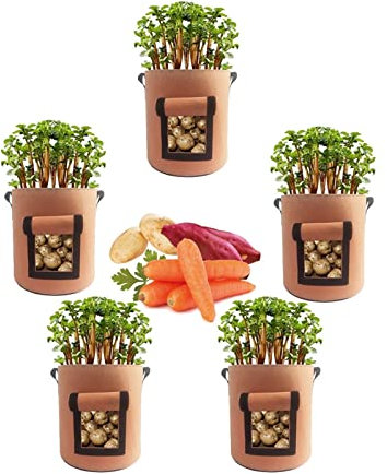 BOPIES Kartoffel-Anbaubeutel, 5 Stück strapazierfähige, Wiederverwendbare Multifunktions-Gartentöpfe mit Griffen und Erntefenster for Tomaten, Erdbeeren und Gemüse (Farbe : Braun, Größe : 15 Gallon)