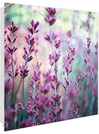 banjado Großer Schlüsselkasten Glas - Schlüsselbox 30x30cm mit 50 Haken - Schlüsselkasten modern für Schlüsselaufbewahrung mit beschreibbarer, magnetischer Glastür - Motiv Lavendel 2