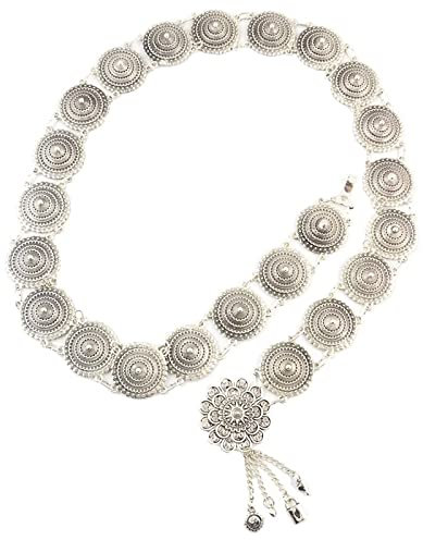 Body Chain Damen Silber, Bauchkette Breit Vintage Gyro-Blume Karabinerverschluss Kettengürtel für Festival 96cm