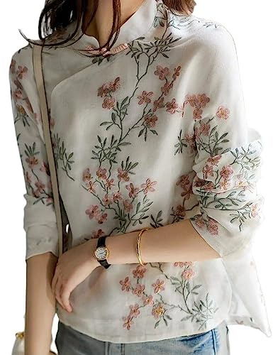Camicetta Elegante Donna - Camicia Collo Alla Coreana Button Down Con Manica 3/4, Qipao Tradizionale Etnica in Lino Di Cotone, Casual Da Festa