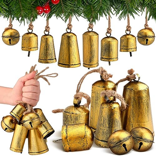 Fiada 8 Stück Weihnachtsglocken Set Harmony Jingle Bells Kuh Glocken Vintage Weihnachtsglocke Dekor Dekorative Glocken Übergroße Weihnachtsschmuck Boho Weihnachtsschmuck