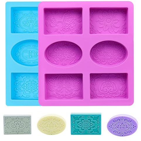 2 Pcs Silicone Soap Moulds Set for Soap Making with Lace Pattern, 6 Cavity | Silicone Soap Mold Oval and Rectangular, Reusable Silicone Mold for Crafting Candle Chocolate Cake Biscuit (Blue+Purple)
