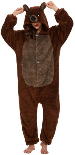Combinaison Pyjama Femme Homme Pyjamas Onesies Cosplay Costume Kigurumi Deguisement Halloween Adulte Pyjama Pilou Pilou Chaud et Doux à Poches pour Carnaval Halloween Noel Jour de l'An, XXL Ours Brun