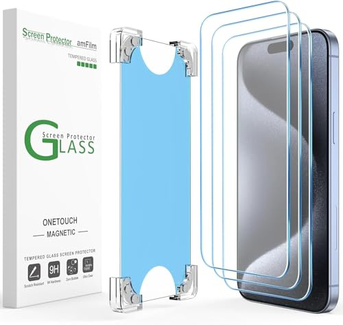 amFilm OneTouch - Confezione da 3 pellicole protettive magnetiche per iPhone 15 Pro Max da 6,7 pollici, ecologiche e ridotte in plastica, in vetro temperato ultra 9H, indistruttibile, allineamento