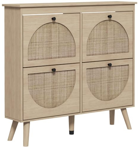 HOMCOM Zapatero para Entrada 4 cajones abatibles Estrecho 20 Pares Roble | Armario para zapatos boho, estantes ajustables