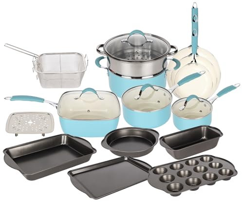 Gr8 Home 19 Piece Induction Cookware Set Non Stick Cooking Pot Frying Pan Steamer Saucepan Kitchenware Bakeware with Lids (Blue and White)