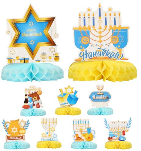 HONMOK 9 Stück Chanukka Dekoration Hanukkah Bienenwabe Tischdekoration Chanukka Menora Dreidel Davidstern Waben Mittelstück Happy Chanukka Tischaufsätze für Jüdisches Festival Hanukkah Party Deko