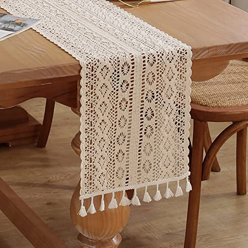 meioro Gehäkelte Tischläufer, 30x1200cm Spitze Boho Tischwäsche Klassische Beige Hochzeit Tischdecke Vintage Tassel Tischdeko für Küche Essen Urlaub Party Dekoration Tablerunner(Stil-C)
