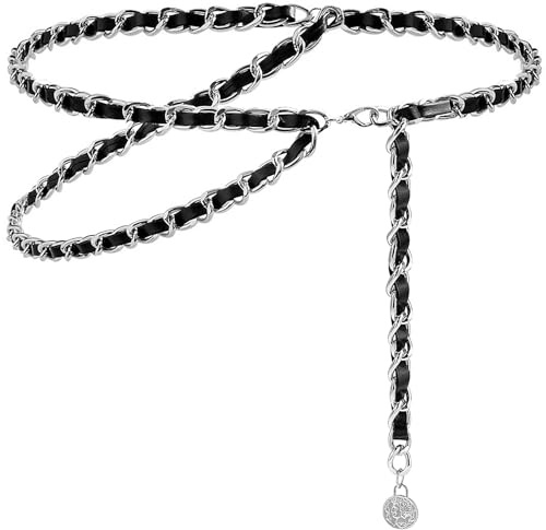 LIMHOO Cintura in Pelle con Catena per Donna, Cintura da Vita in Metallo Stratificata Regolabile per Abito, Gilet, Jeans, L: 130 cm (51.2 in)