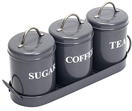 Gzsekken Tea Coffee Sugar Canisters Set of 3,Metal Food Storage Tin Airtight Sealed for Coffee Tea and Sugar Kitchen Storage Container Set with Tray,Vintage Retro Design Perfect for Kitchen,Grey