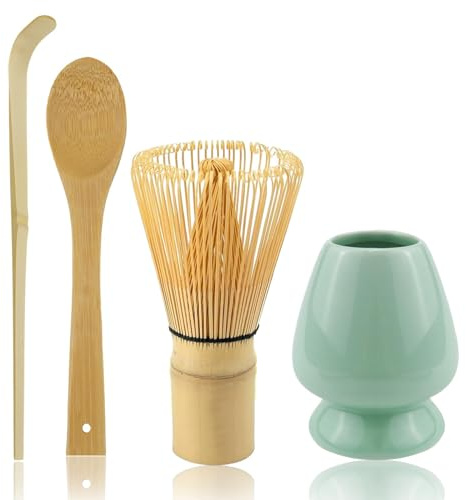 PengGengA Japanisches Teeset Matcha Besen 4-Teiliges Set Matcha-Schneebesen, Traditionelle Schaufel, Teelöffel, Schneebesenhalter Japanisches Zubehör für Matcha-Zeremonie