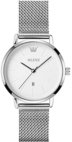OLEVS Watches for Women Klassisches Eleganz Weiß Ultra Slim Mesh Damenuhr Silber Edelstahlband Runden Analoger Quarz Uhr Damen Lässig Einfachheit Wasserdicht mit Datum Damen Kleid Uhr