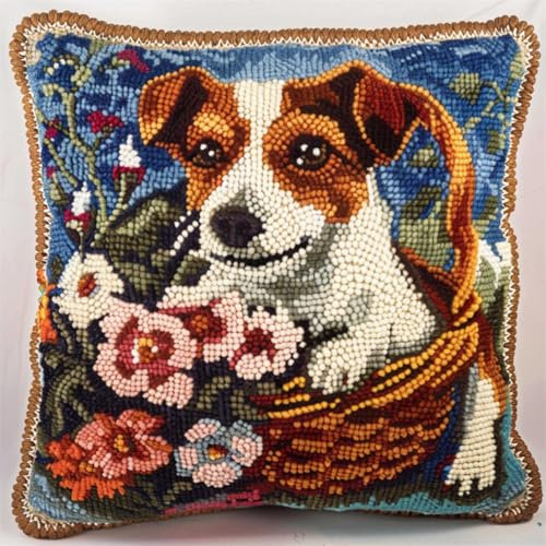 RKFLGEW DIY knüpfen set erwachsene Jack Russell TerrierTier knüpfkissen Hund und Blumenkorb Knüpfset für Kissen，DIY，handgefertigtes Kissen，Häkelgarn，Stickerei，Knüpfset für Kissenbezüge 43x43cm