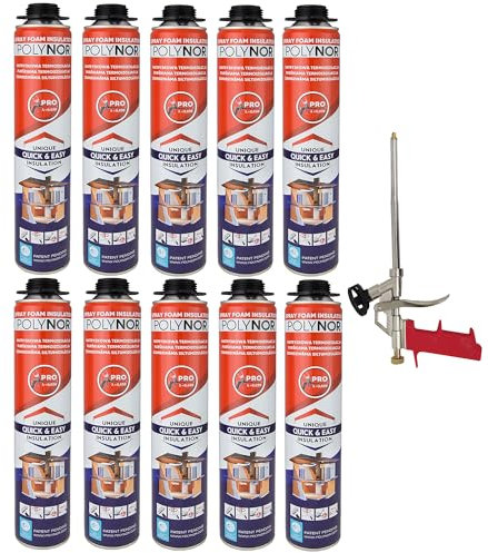 Mousse Isolante Polyuréthane Projetable par Pulvérisation Polynor Pro - 750 ml - Isolation Thermique et Phonique - Excellente Conductivité Thermique 0,030 W/(m*k) (10 + 1 pistolet)