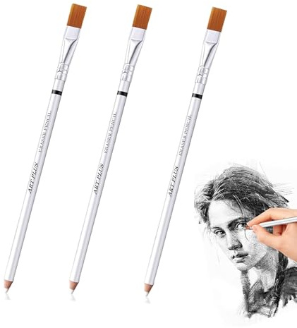 3Pcs Pencil Erasers with Brush Sketch Precision Eraser Pencils Wooden Highlight Drawing Erasers Wooden Rubber Pencil for Erasing Details in Charcoal Drawings Sketching Drawing Detail Revise