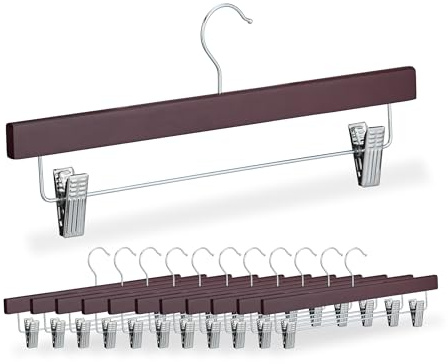 Relaxdays Hosenbügel 12er Set, je 2 Klammern, Clipkleiderbügel für Hosen & Röcke, HBT: 15,5x36x3 cm, Holz & Eisen, braun