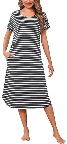 Litherday Camisón Mujer Largo Verano Algodón Rayas Manga Corta Suelto y Fresco con Bolsillos Ropa de Casa,Gris Oscuro y Blanco, S