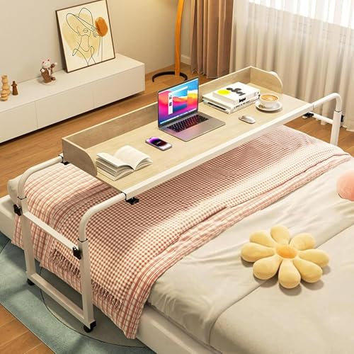 RCJCQSR Über-Betttisch auf Rollen, mobiler Betttisch Höhenverstellbar/Breitenverstellbar, Overbed Table Laptoptisch Bett-Beistelltisch für Krankenbett(Color:Holz)