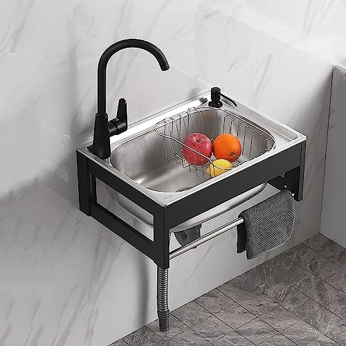 CZAOERXB Edelstahlspüle zum Waschen mit Wasserhahn, kommerzielles Handwaschbecken zur Wandmontage für Restaurants, Küche und Haushalt, 1 Fach, Außenspüle, Innenwaschbecken mit Wasserhahn un