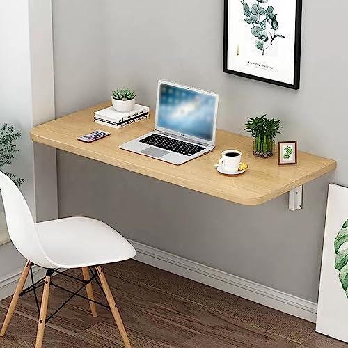 Schwebender Wandtisch, zusammenklappbar, Massivholz, mit Metallstütze, platzsparend, zusammenklappbar, Laptop-Computertisch für Zuhause, Büro, Küche, Balkon (L80)
