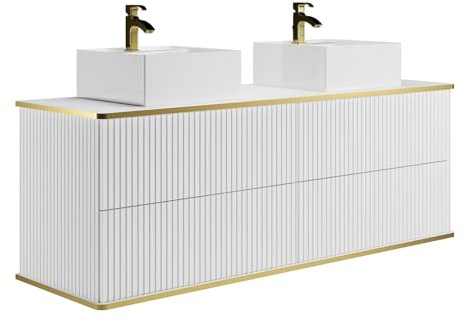 Vente-unique-Mobile bagno sospeso scanalature profilo dorato doppio lavabo da appoggio quadrato 4 cassetti 150 cm Bianco - KELIZA