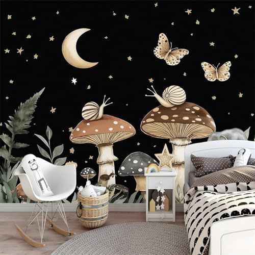 Wallpaper Wall Mural Fantasy Mushrooms Butterflies Custom Print Photo Wallpaper 300 x 210 cm Non-Woven Murals Poster Picture Design Modern Wall Mural for Living Room Kids Bedroom Brown Beige